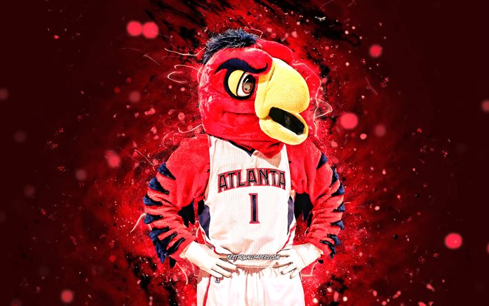 Harry the Hawk, 4k, mascot, Atlanta Hawks, red neon lights, NBA, Atlanta Hawks mascot, NBA mascots, official mascot, Harry the Hawk mascot