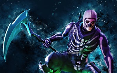 Skull Trooper with axe, 4k, battle, 2020 games, Fortnite Battle Royale, Skull Trooper, Fortnite characters, Skull Trooper Skin, blue neon lights, Fortnite, Skull Trooper Fortnite