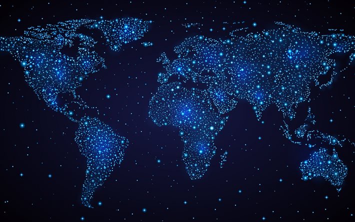 carte du monde de lumi&#232;re bleue n&#233;on, lumi&#232;res bleues, concepts de carte du monde, carte du monde de communication, carte du monde bleu, carte du monde de la technologie