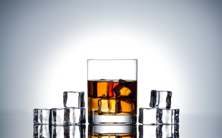 3d glass with whiskey, gray background, whiskey, 3d ice cubes, whiskey with ice