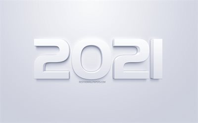 2021 3d beyaz arkaplan, 2021 Yeni Yıl, 3d sanat, Mutlu Yıllar 2021, 2021 kavramları