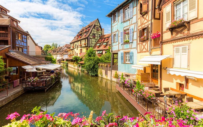 Colmar, 4k, street, water channel, french cities, Alsace, France, Europe