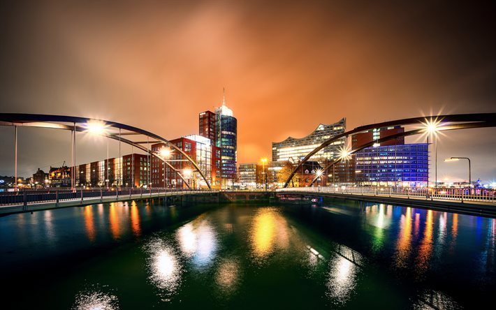 Hamburgo, noche, luces, puentes, paisaje urbano de Hamburgo, panorama, Alemania