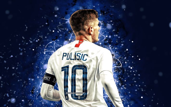 Christian Pulisic, 4k, back view, USA National Team, soccer, Christian Mate Pulisic, footballers, blue neon lights, Christian Pulisic 4K, American soccer team