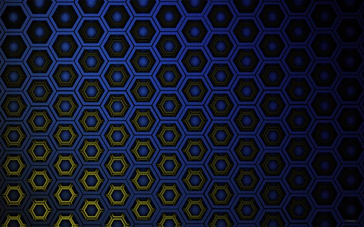 hexagones bleus, 4k, motifs de cellules, texture 3D hexagones, nid d&#39;abeille, motifs d&#39;hexagones, textures d&#39;hexagones, textures 3D, arri&#232;re-plans bleus, textures de cellules