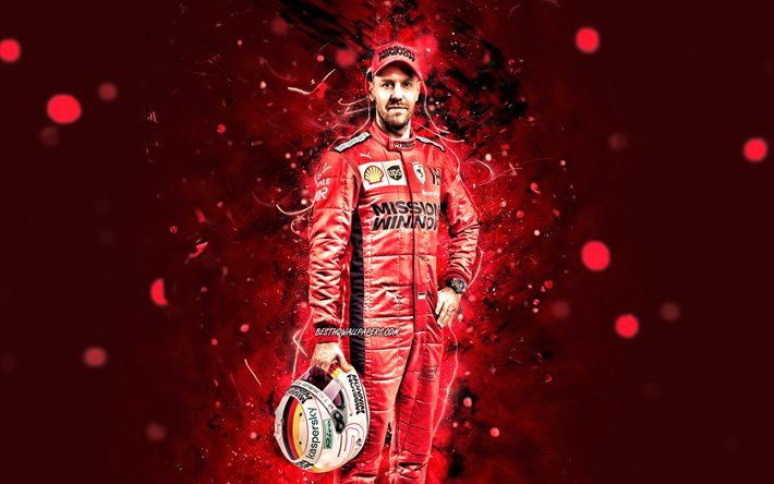 Sebastian Vettel, 2020, 4k, Scuderia Ferrari Mission Winnow, pilotes de course allemands, Formule 1, n&#233;ons rouges, F1 2020