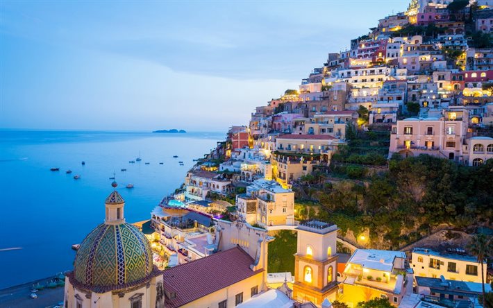 Positano, Ligurian sahili, akşam, g&#252;n batımı, dağlar, deniz manzarası, Amalfi, İtalya