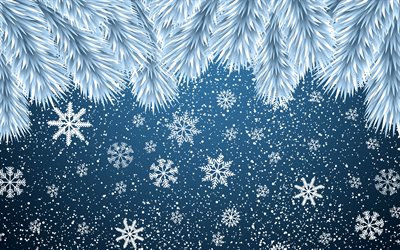 4k, mavi kar taneleri arka plan, kar yağışı, kar taneleri desenleri, kış arka planları, Noel kavramları, kar taneleri, beyaz kar taneleri, Mutlu Noeller