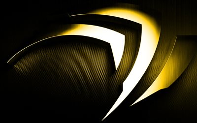 Logo Nvidia jaune, art 3d, logo NVIDIA m&#233;tal jaune, embl&#232;me 3D Nvidia, art cr&#233;atif, fond jaune Nvidia