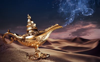 Aladdins مصباح, 4K, الصحراء, الكثبان الرملية, خرافة, الدخان, مصباح