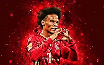 Leroy Sane, 4k, Bayern Munich FC, 2020, german footballers, Bundesliga, Leroy Aziz Sane, red neon lights, soccer, Germany, Leroy Sane Bayern Munich