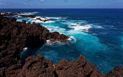 Madeira, Oceano Atl&#226;ntico, costa, rochas, ondas, oceano, Portugal