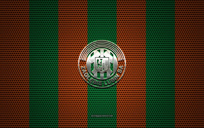 Logo Zaglebie Lubin, squadra di calcio polacca, emblema in metallo, sfondo verde arancione in rete metallica, Zaglebie Lubin, Ekstraklasa, Lubin, Polonia, calcio