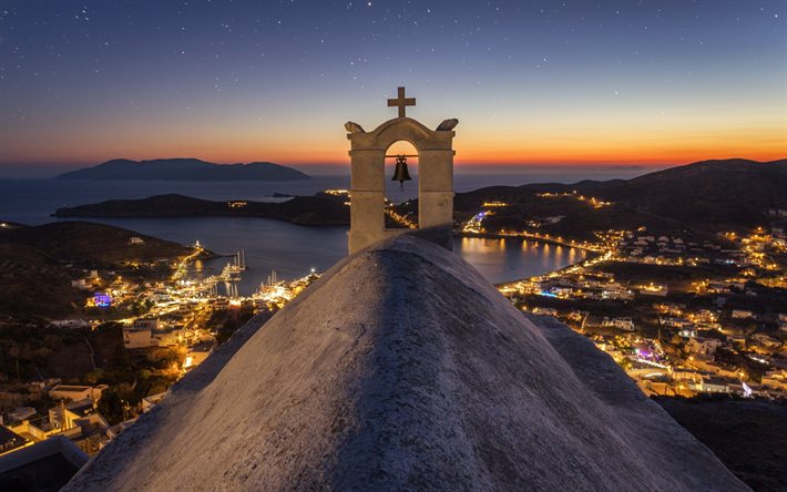 Chora Hill, Ios, Chiesa di Sant&#39;Irene, isola greca, isola di Ios, sera, tramonto, Egeo, Grecia
