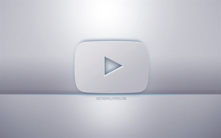 YouTube logo blanc 3d, fond gris, logo YouTube, art 3d cr&#233;atif, YouTube, embl&#232;me 3d