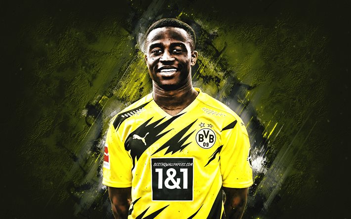 Youssoufa Moukoko, Borussia Dortmund, German football player, portrait, yellow stone background, football, BVB