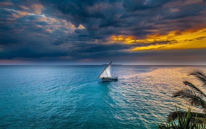 Download wallpapers sailboat, sea, sunset, tropical island, evening for