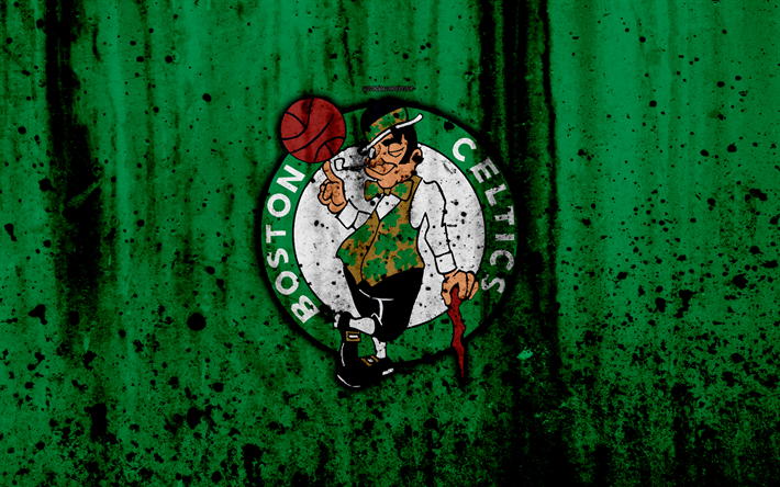 Celtics de Boston, 4k, grunge, NBA, basketball club, de la Conferencia este, estados UNIDOS, el emblema, la piedra de textura, de baloncesto, de Boston Celtics logotipo