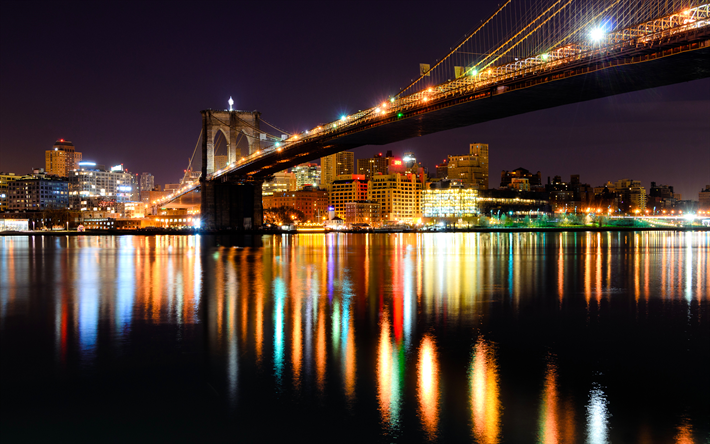 Puente de Brooklyn, nueva york, paisajes nocturnos, Nueva York, estados unidos, USA