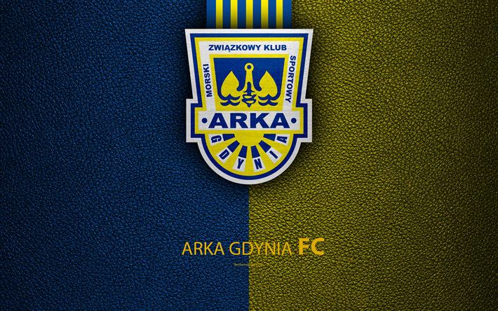 Arka Gdynia FC, 4k, football, emblem, Arka logo, Polish football club, leather texture, Ekstraklasa, Gdynia, Poland, Polish Football Championships