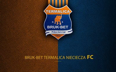 Bruk-Bet Termalica Nieciecza FC, 4k, football, emblem, logo, Polish football club, leather texture, Ekstraklasa, Nieciecza, Poland, Polish Football Championships