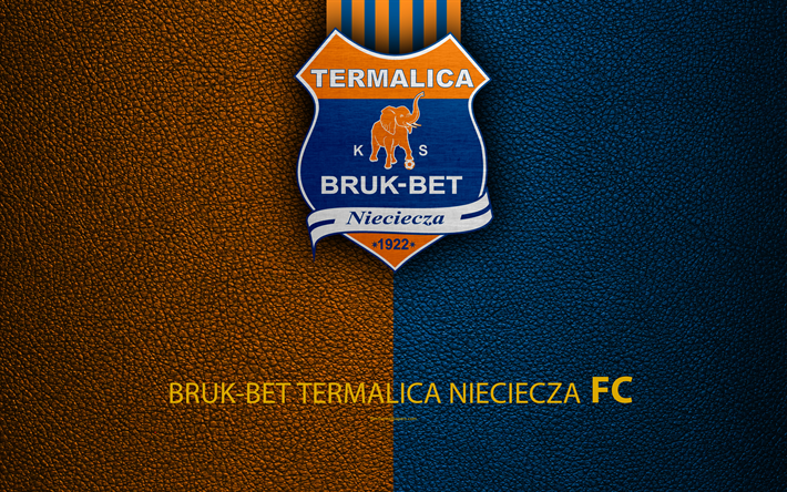 Bruk-Bet Termalica Nieciecza ، FC, 4k, كرة القدم, شعار, البولندي لكرة القدم, جلدية الملمس, Ekstraklasa, Nieciecza, بولندا, البولندية بطولة كرة القدم