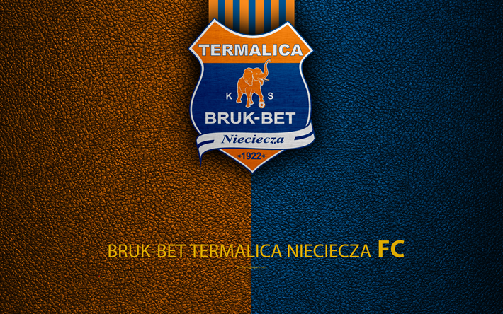 Bruk-Bet Termalica Nieciecza FC, 4k, futebol, emblema, logo, Clube de futebol polon&#234;s, textura de couro, Ekstraklasa, Nieciecza, Pol&#243;nia, Polaco Campeonatos De Futebol