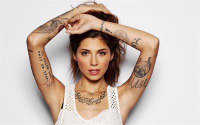 Christina Perri, 4k, portrait, american singer, beautiful brunette, make-up, tattoo on hands