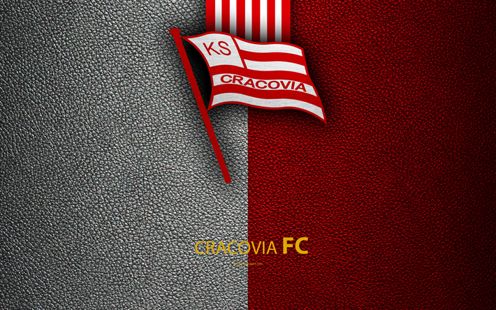 Cracovia FC, 4k, football, emblem, logo, Polish football club, leather texture, Ekstraklasa, Krakow, Poland, Polish Football Championships