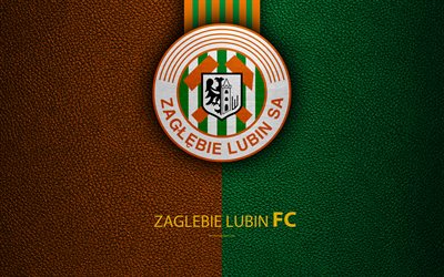 Zaglebie Lubin FC, 4k, football, emblem, logo, Polish football club, leather texture, Ekstraklasa, Lubin, Poland, Polish Football Championships