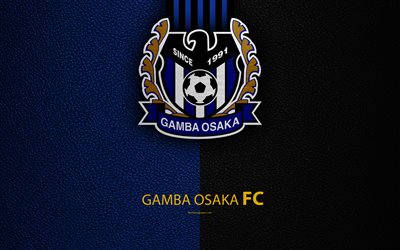Gamba Osaka FC, 4k, logo, leather texture, Japanese football club, Gamba emblem, J-League, Division 1, football, Osaka, Japan, Japan Football Championships