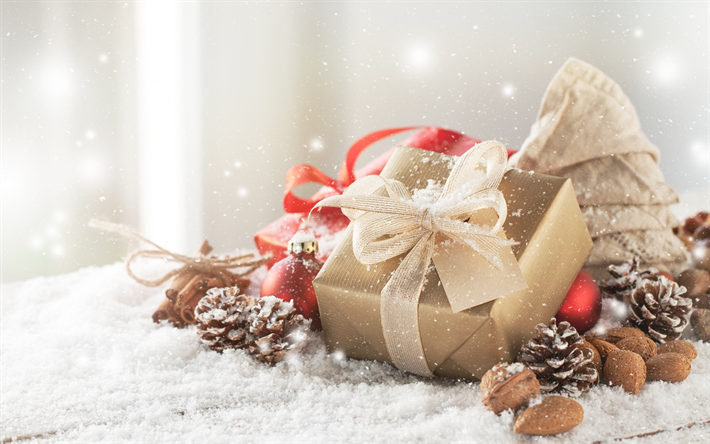 Navidad, regalos, A&#241;o Nuevo, 2018, nieve, adornos de Navidad, oro caja de regalo