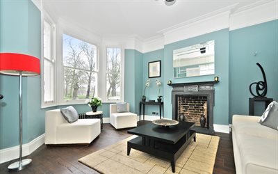 4k, living room, blue design, old apartment, blue room, interior idea, modern design
