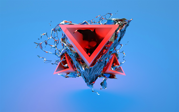 triangoli, 3d arte, forme geometriche, creativo, sfondo blu, geometria