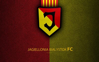 Jagiellonia FC, 4k, football, emblem, logo, Polish football club, leather texture, Ekstraklasa, Bialystok, Poland, Polish Football Championship