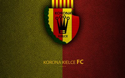 Korona Kielce FC, 4k, football, emblem, logo, Polish football club, leather texture, Ekstraklasa, Kielce, Poland, Polish Football Championships