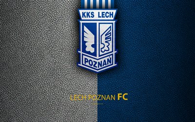 Lech Poznan FC, 4k, football, emblem, logo, Polish football club, leather texture, Ekstraklasa, Poznan, Poland, Polish Football Championships