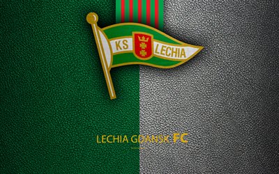 Lechia Gdansk FC, 4k, football, emblem, logo, Polish football club, leather texture, Ekstraklasa, Gdansk, Poland, Polish Football Championships