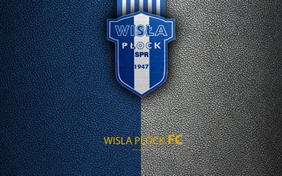 Wisla Plock FC, 4k, football, emblem, logo, Polish football club, leather texture, Ekstraklasa, Plock, Poland, Polish Football Championship