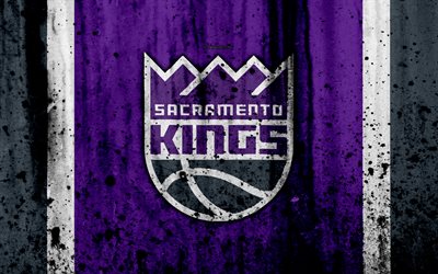 4k, Sacramento Kings, grunge, NBA, basketball club, Western Conference, USA, emblem, stone texture, basketball, Pacific Division