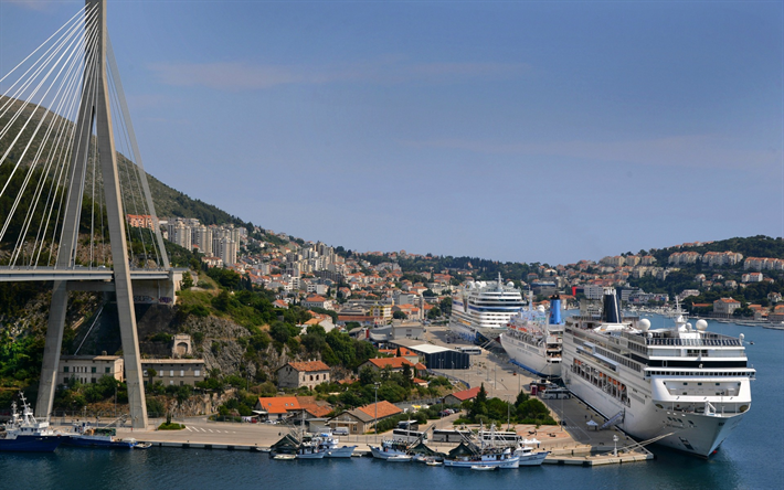 Dubrovnik, Franjo Tudjman Bridge, resort, passenger liner, city panorama, Croatia