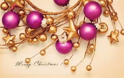 Merry Christmas, New Year, purple Christmas balls, 2018, Christmas decorations