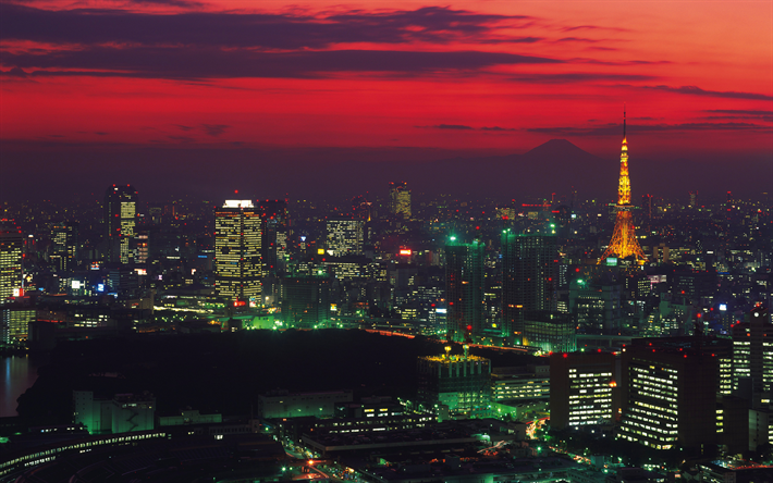 東京, 4k, 夕日, 東京タワー, 近代ビル, 日本, アジア