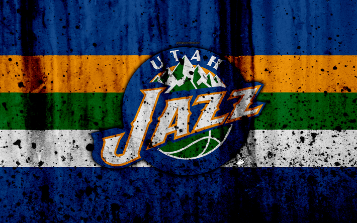 4k, Utah Jazz, grunge, NBA, basketball club, Western Conference, USA, emblem, stone texture, basketball, Northwest Division