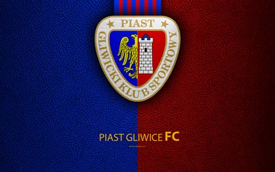 Piast Gliwice FC, 4k, football, emblem, logo, Polish football club, leather texture, Ekstraklasa, Gliwice, Poland, Polish Football Championships