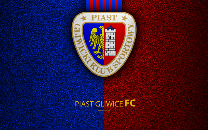 Piast Gliwice FC, 4k, football, emblem, logo, Polish football club, leather texture, Ekstraklasa, Gliwice, Poland, Polish Football Championships