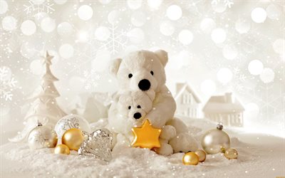 Christmas, polar teddy bears, 2018, New Year, white Christmas balls