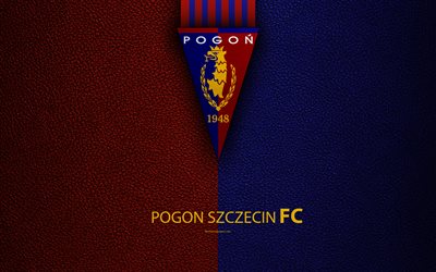 Pogon Szczecin FC, 4k, football, emblem, logo, Polish football club, leather texture, Ekstraklasa, Szczecin, Poland, Polish Football Championships