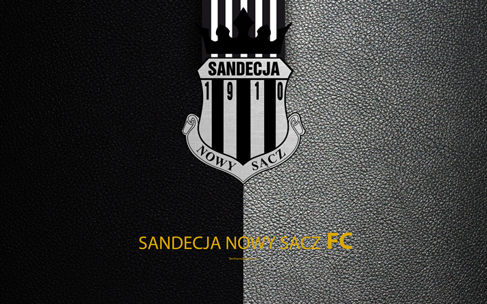 Sandecja Nowy Sacz FC, 4k, football, emblem, logo, Polish football club, leather texture, Ekstraklasa, Nowy Sacz, Poland, Polish Football Championships