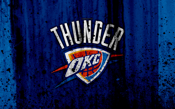 4k, Oklahoma City Thunder, grunge, NBA, basketbol kul&#252;b&#252;, Batı Konferansı, ABD, amblem, taş doku, basketbol, Kuzeybatı B&#246;l&#252;m&#252;